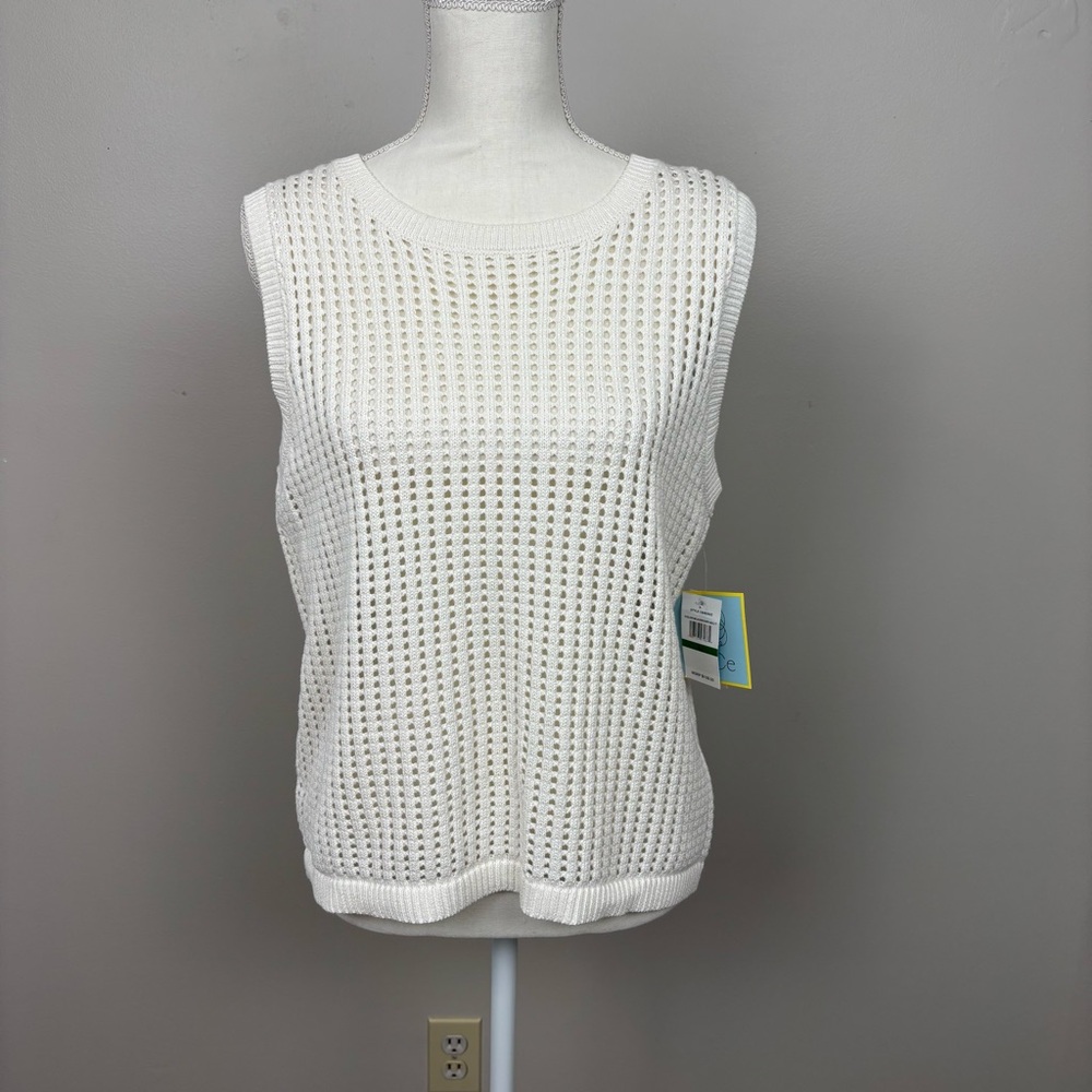 CeCe Sweater Lg Ivory Open Knit Sleeveless‎ Round Neck Pullover Ribbed Cotton